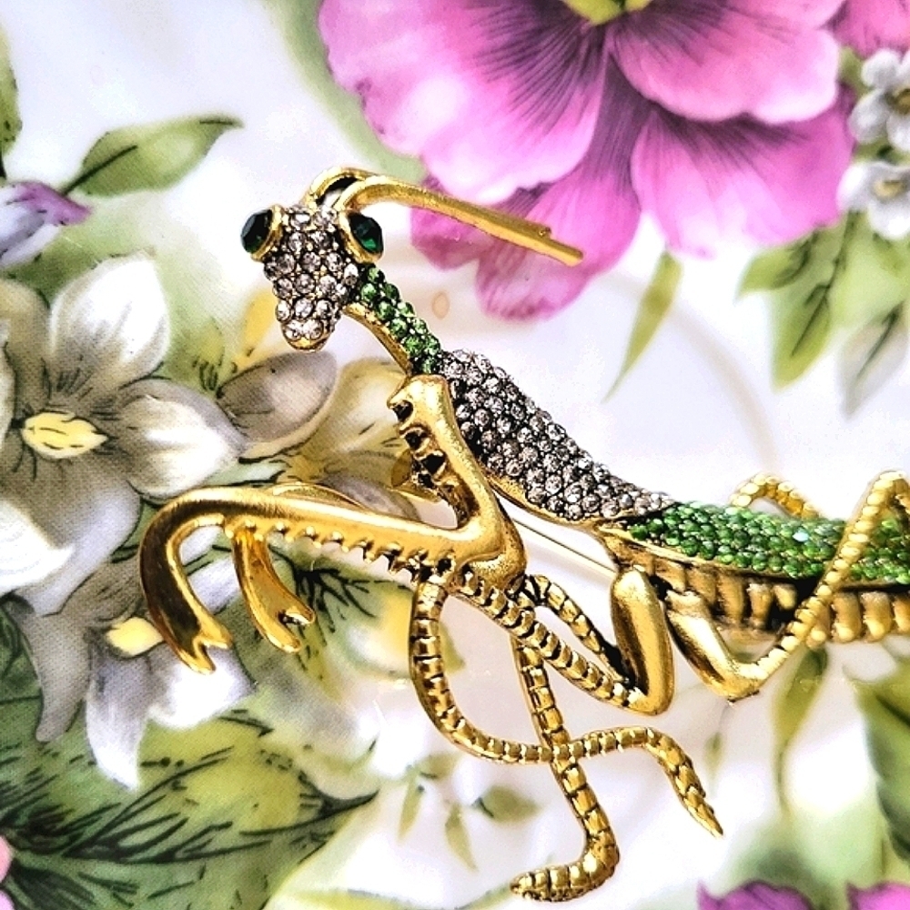 Praying Mantis Rhinestone brooch - LARGE - Picture 2 of 5